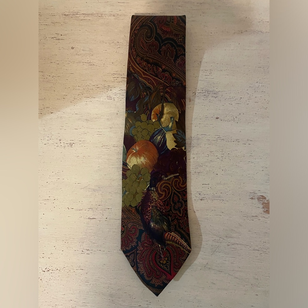 Polo Ralph Lauren Hand Made‎ in USA Vintage Rare Fruit-Pheasant Print Silk Tie